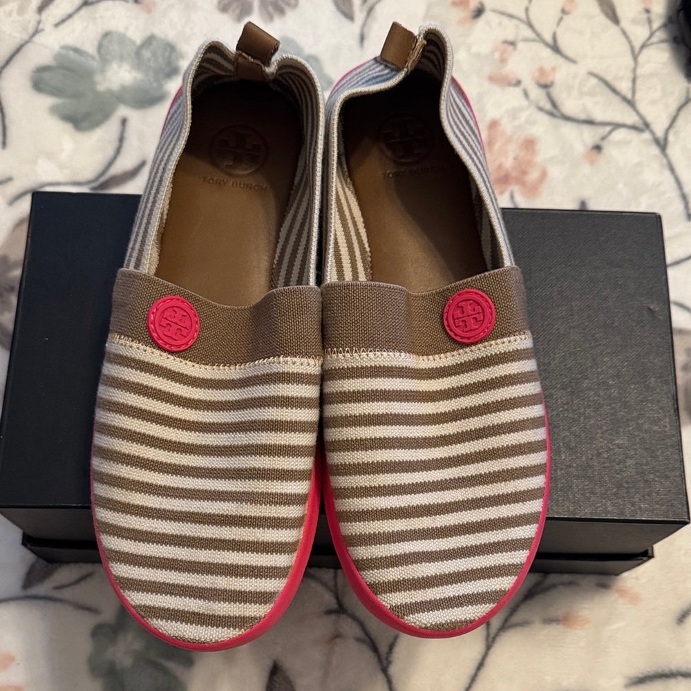Tory Burch Brown and White Striped Slip-Ons with Pink Soles